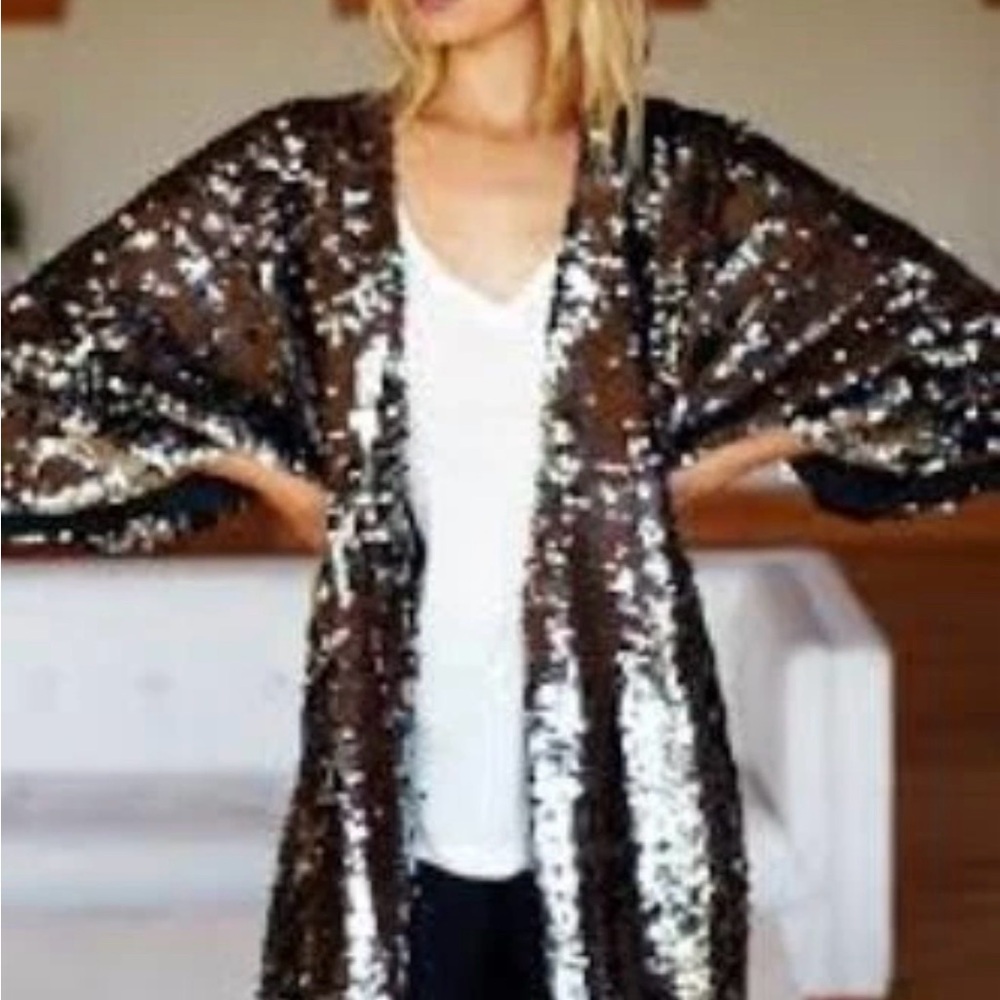 Emerson Fry Black Sequin Jacket Gunmetal Kimono